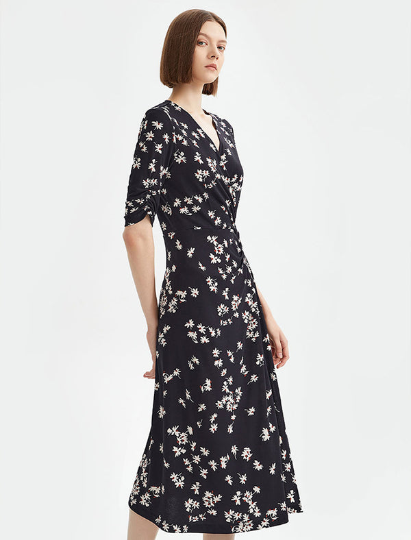 Floral Print Wrap Side Slit Midi Dress
