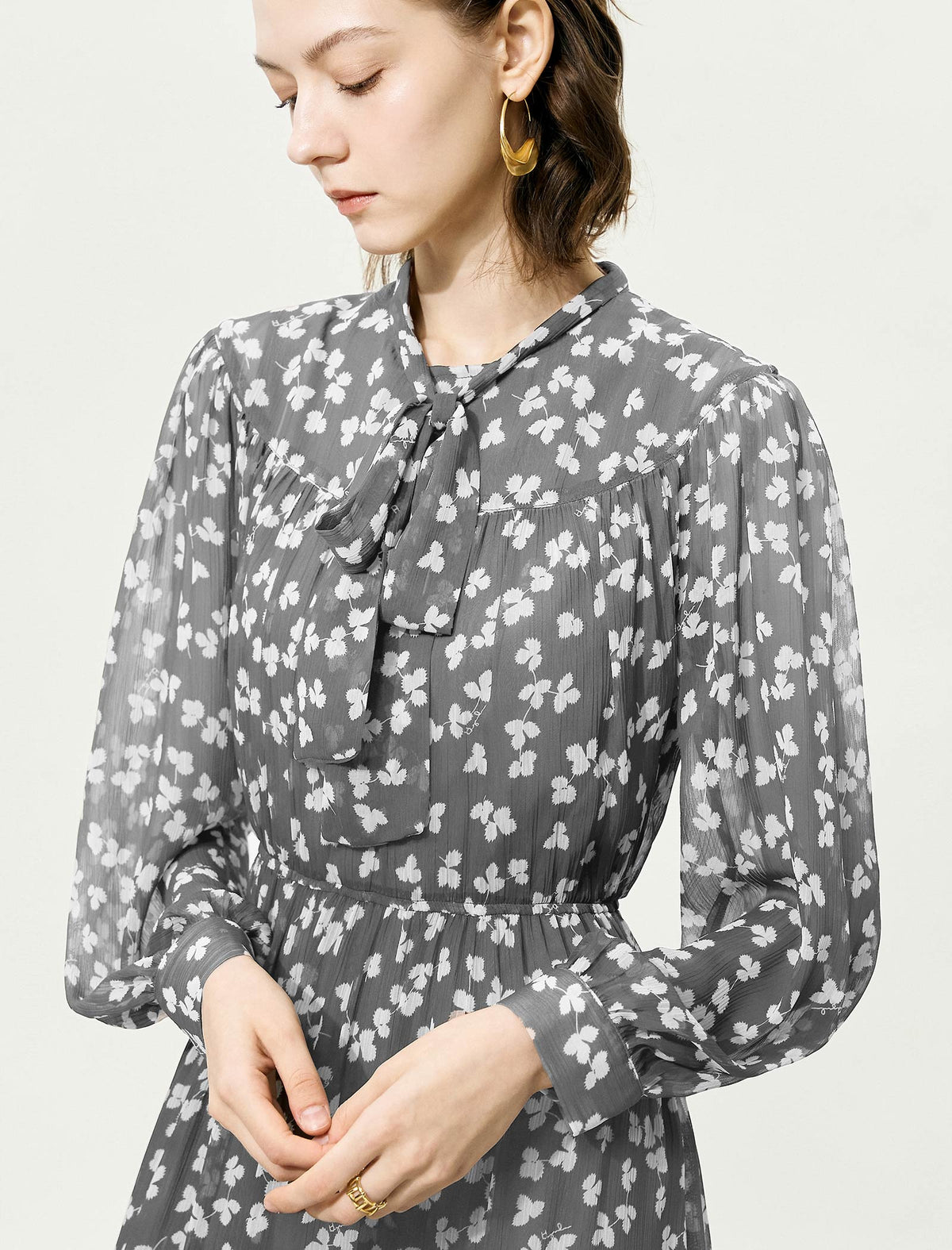 Grey Sheer Tie-Neck Floral Midi Dress