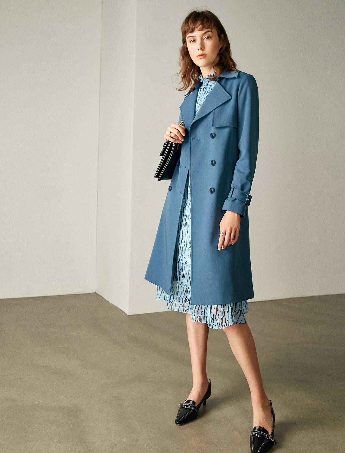 Blue Double-Breasted Trench Coat