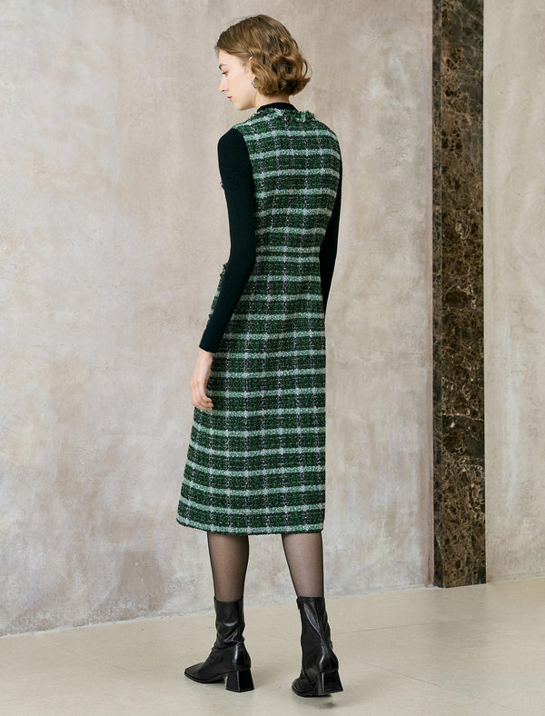 Green Plaid Tweed Sleeveless Midi Dress