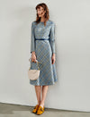 Blue Plaid Long Sleeve Midi Dress