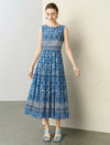 Blue Batik Print Sleeveless Midi Dress
