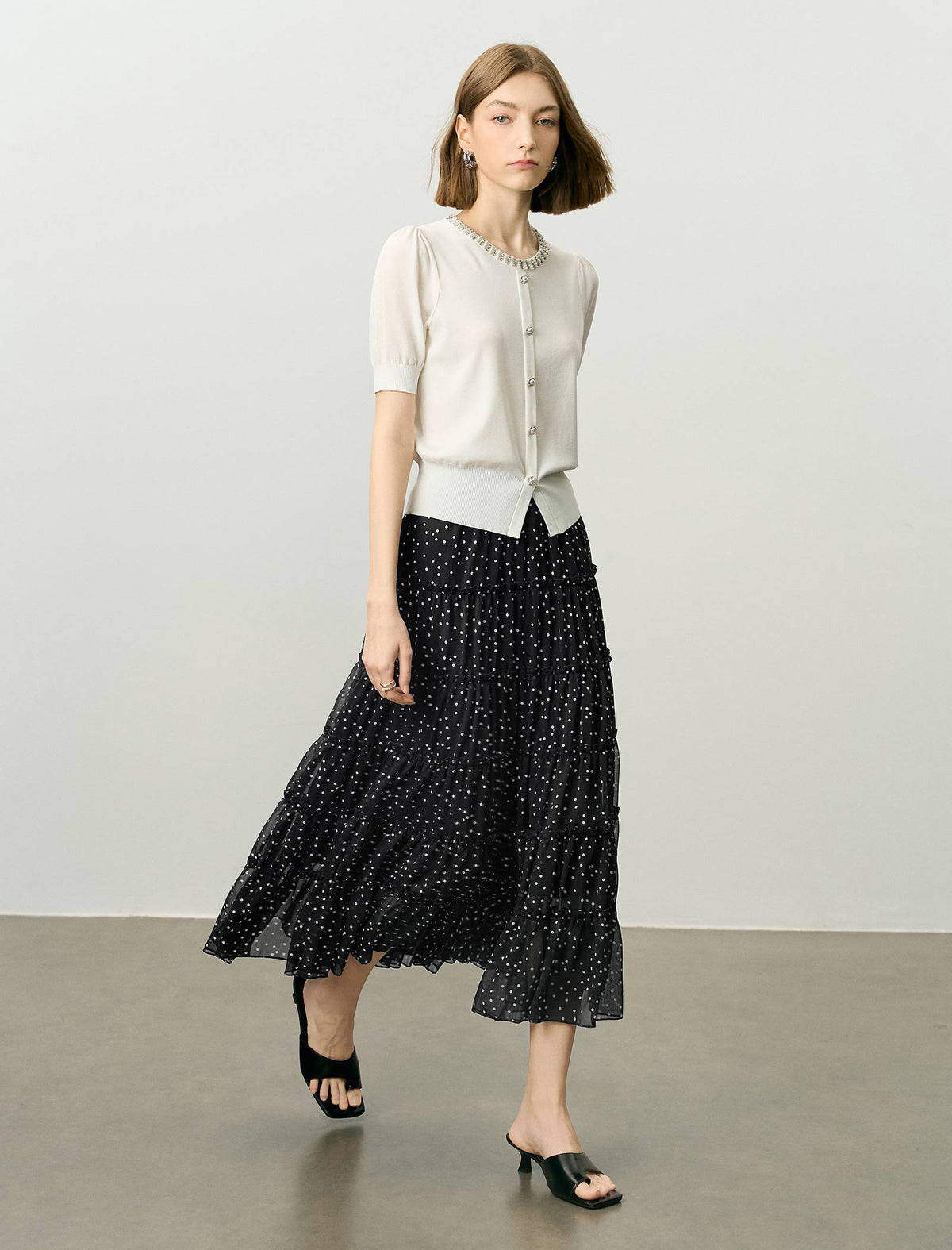 Chiffon Black Polka Dot Tiered Midi Skirt