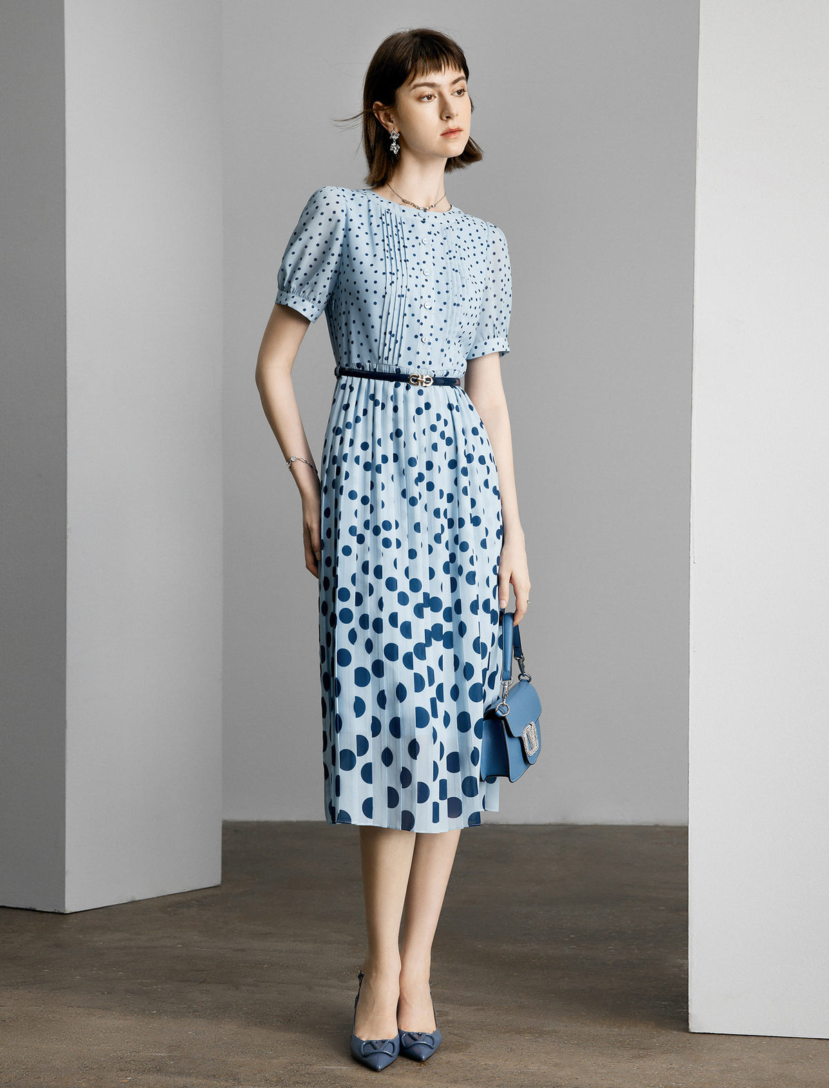 Light Blue Polka Dot Pleated Midi Dress