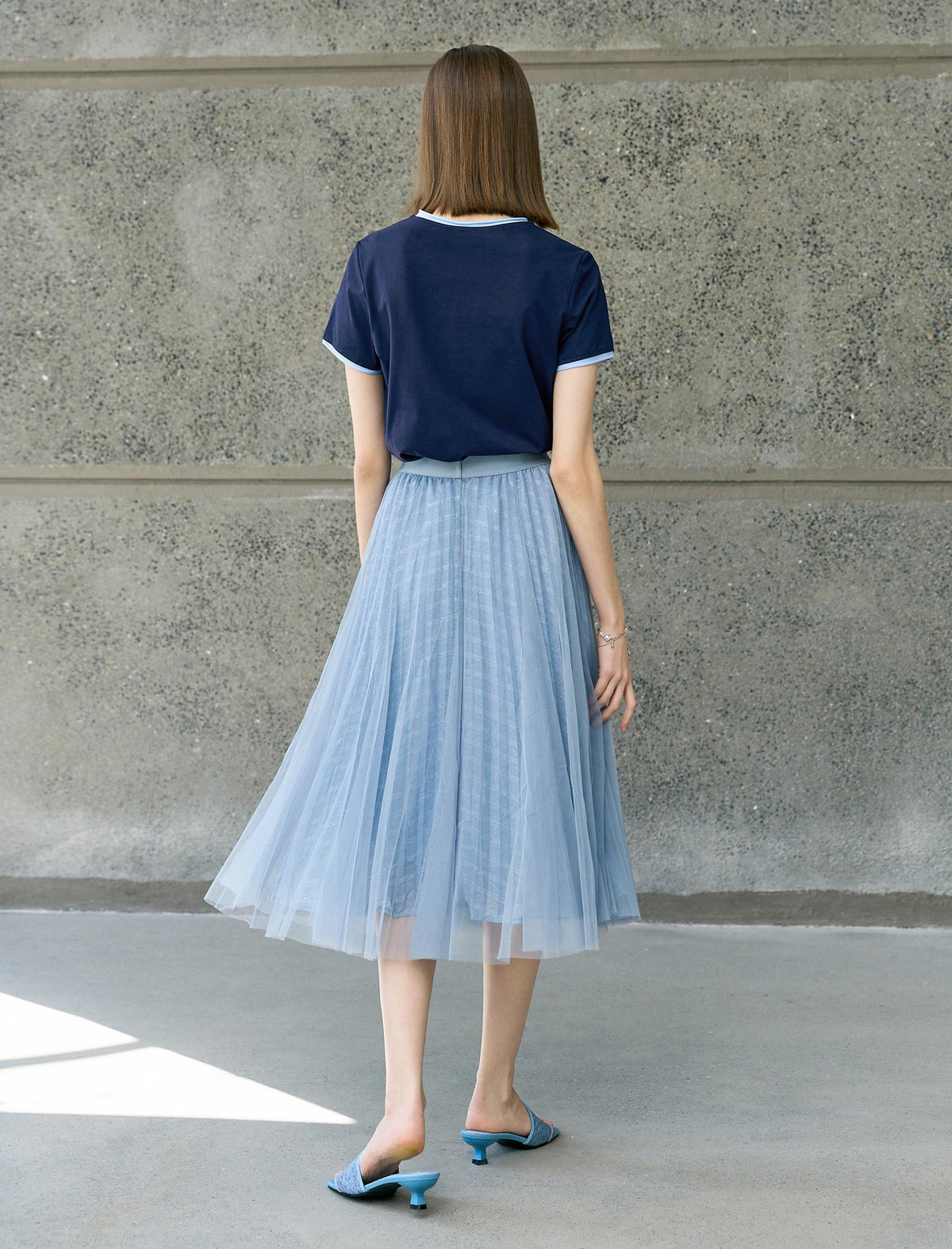 High-Waisted Shimmer Tulle Pleated Midi Skirt
