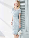 Dusty Blue Lace Ruffle Hem Midi Dress