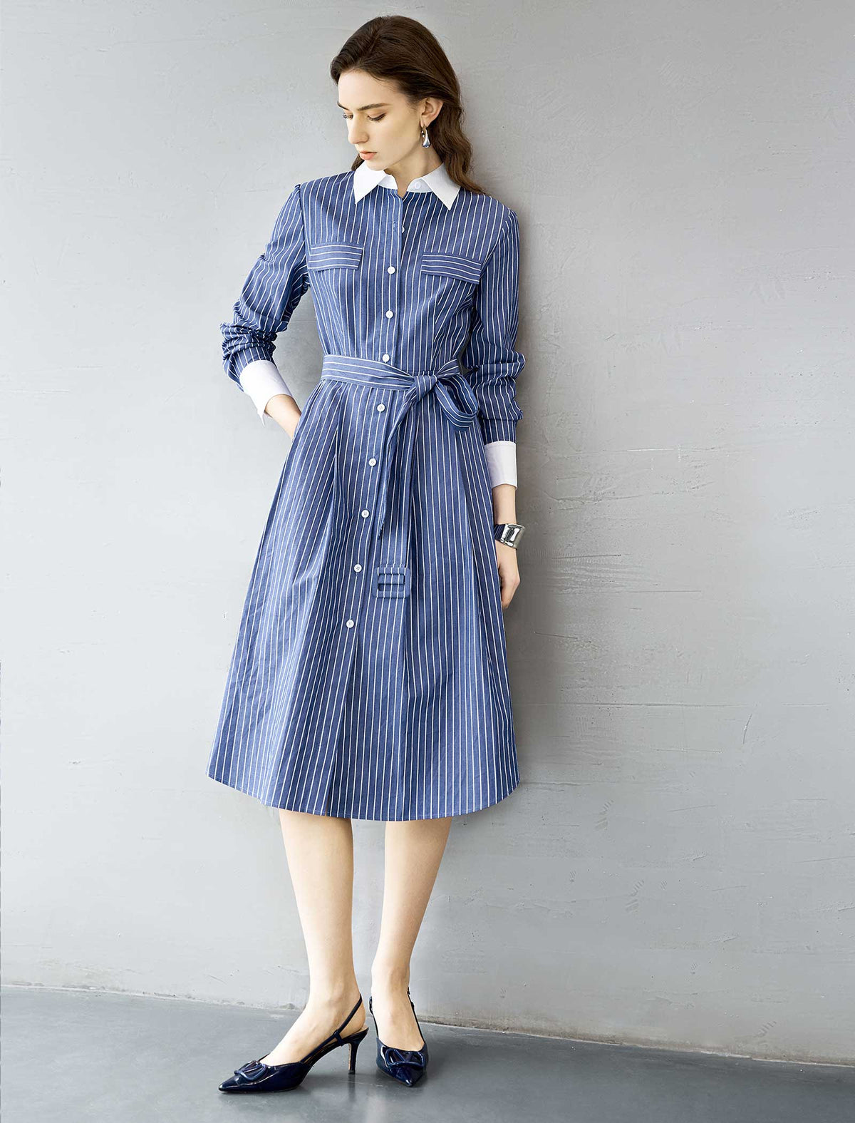 Striped Shirt Cotton Midi Dress