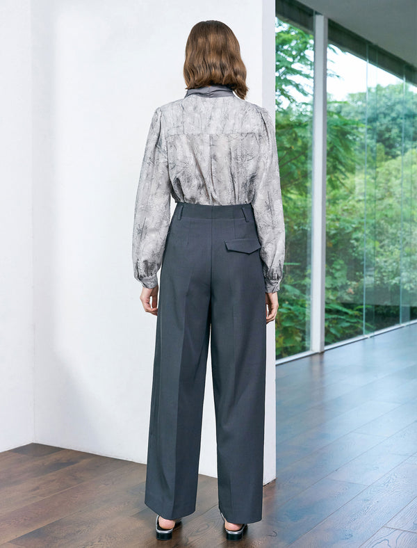 Floral Jacquard Scarf Detail Puff Sleeve Blouse