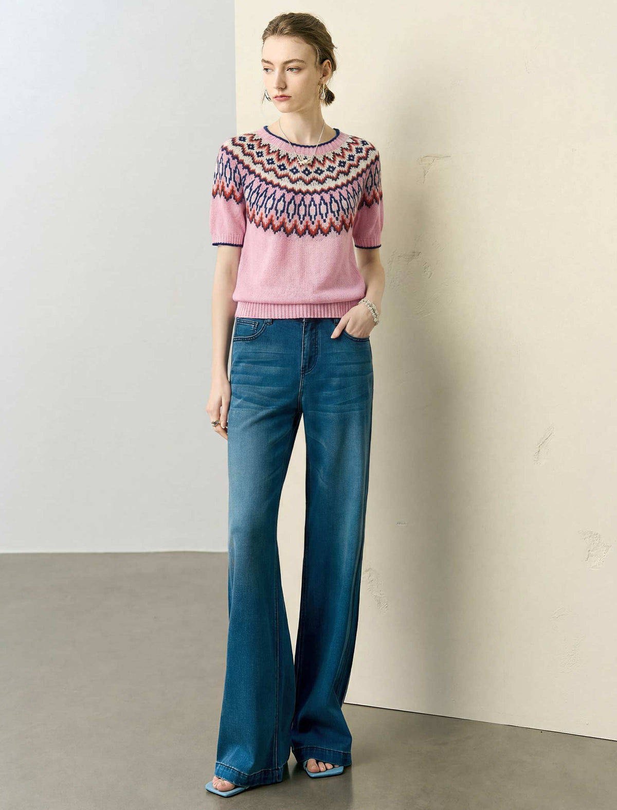 Pink Fair Isle Short-Sleeve Knit Top