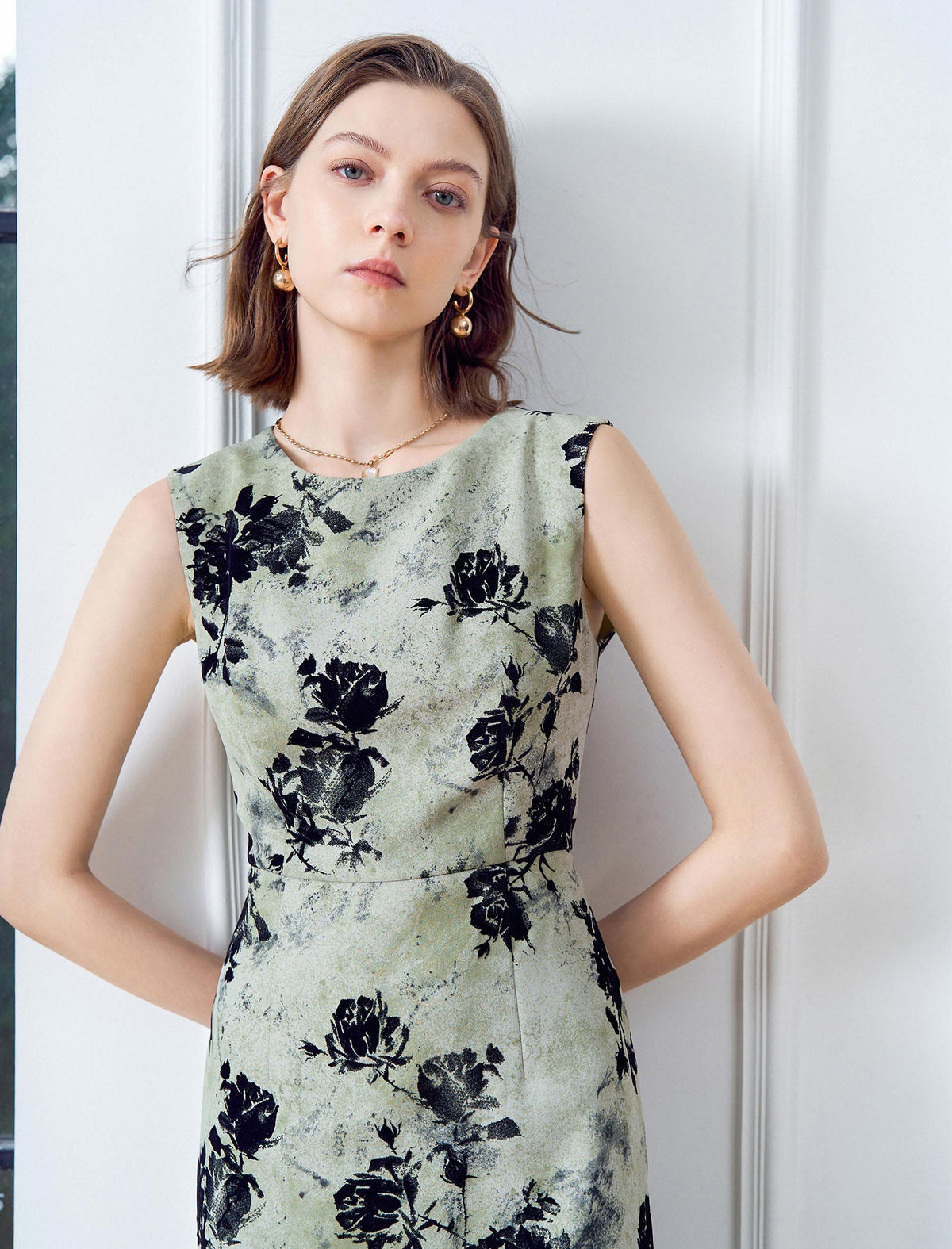 Sage Floral Ink Print Sleeveless Sheath Dress