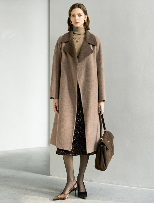 Contrast Lapel Wool-Blend Self-Tie Overcoat