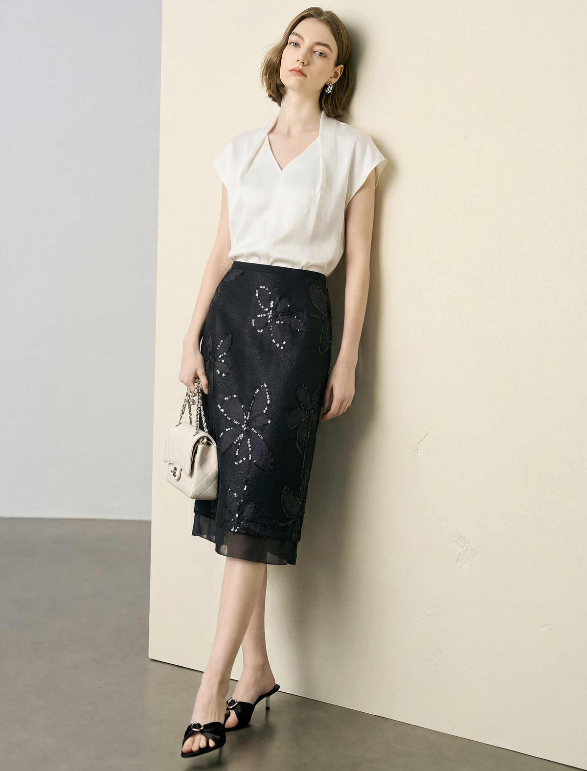 Black Sequin Floral Embroidery Mesh Midi Pencil Skirt