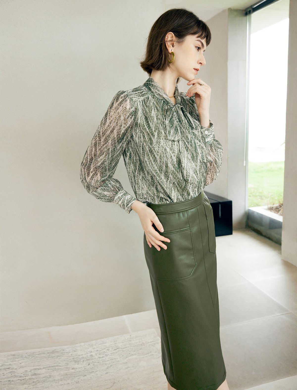 Olive Green Faux Leather Midi Skirt