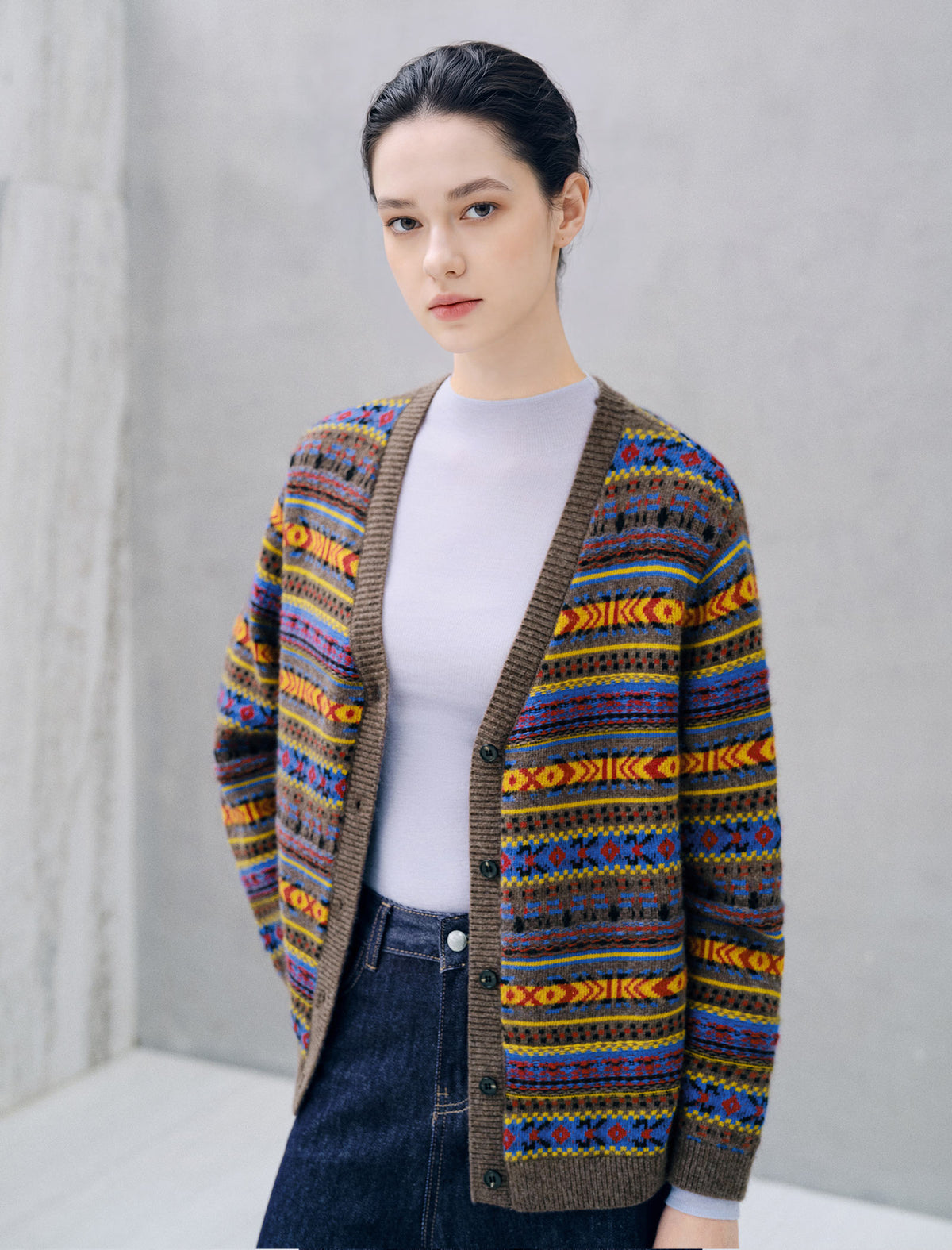 Wool Blend Fair Isle Patterned V Neck Knit Cardigan