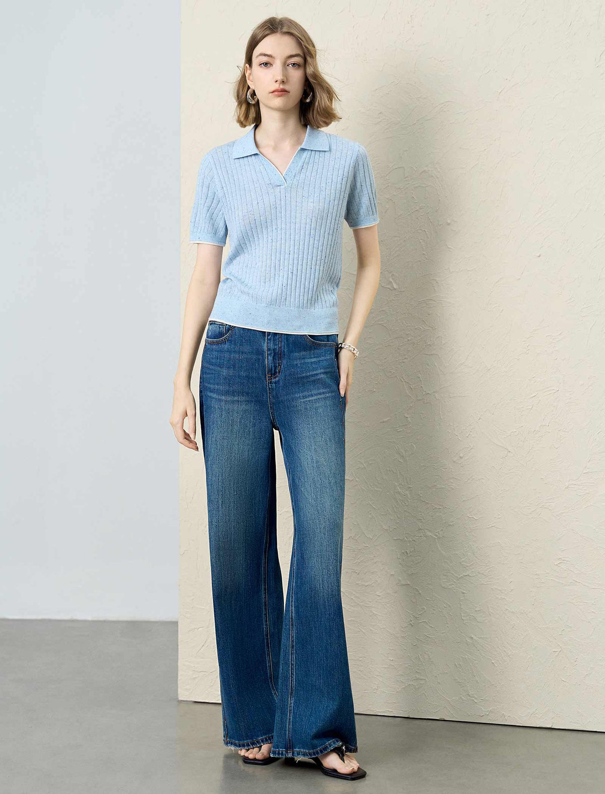 Ribbed Polo‑Collared Knit Short‑Sleeve Top