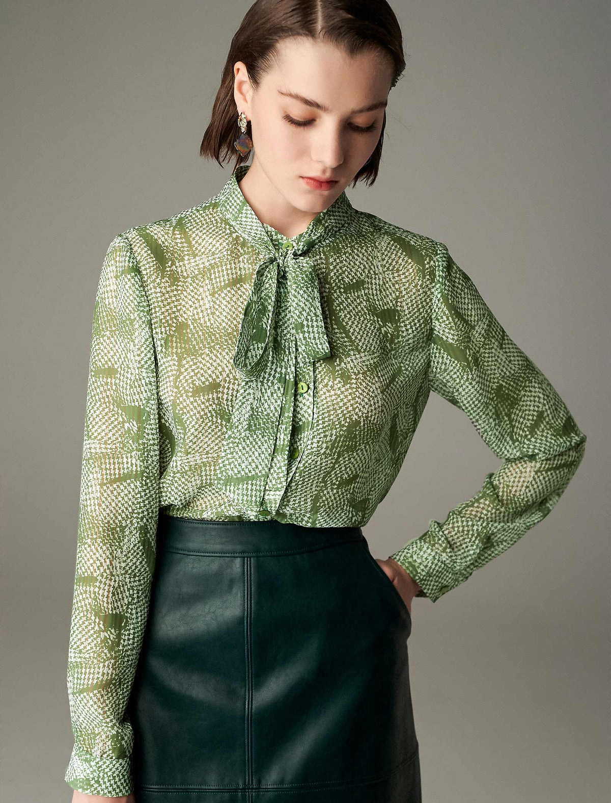 Print Tie-Neck Blouse