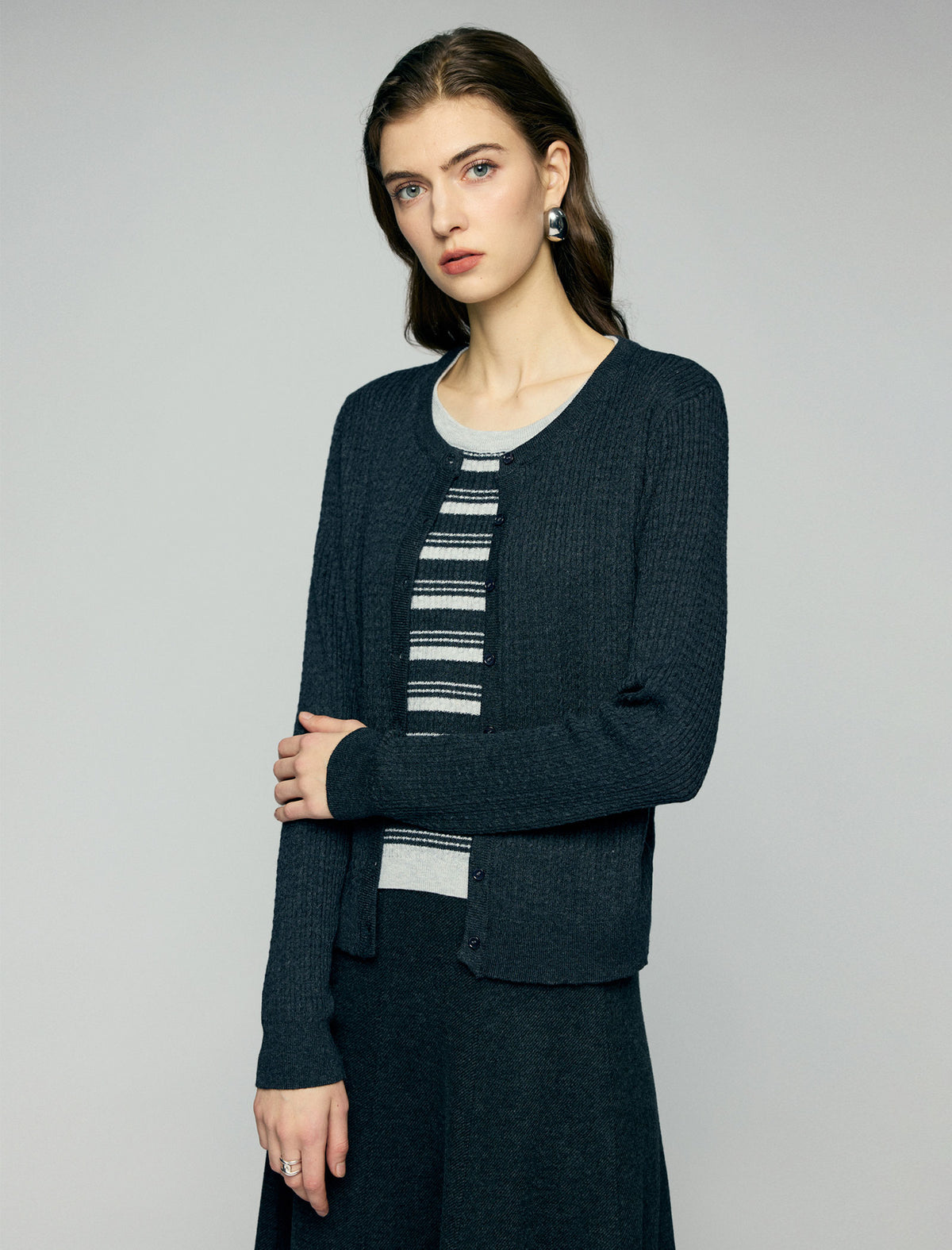 Blend Textured Long Sleeve Button Front Cardigan
