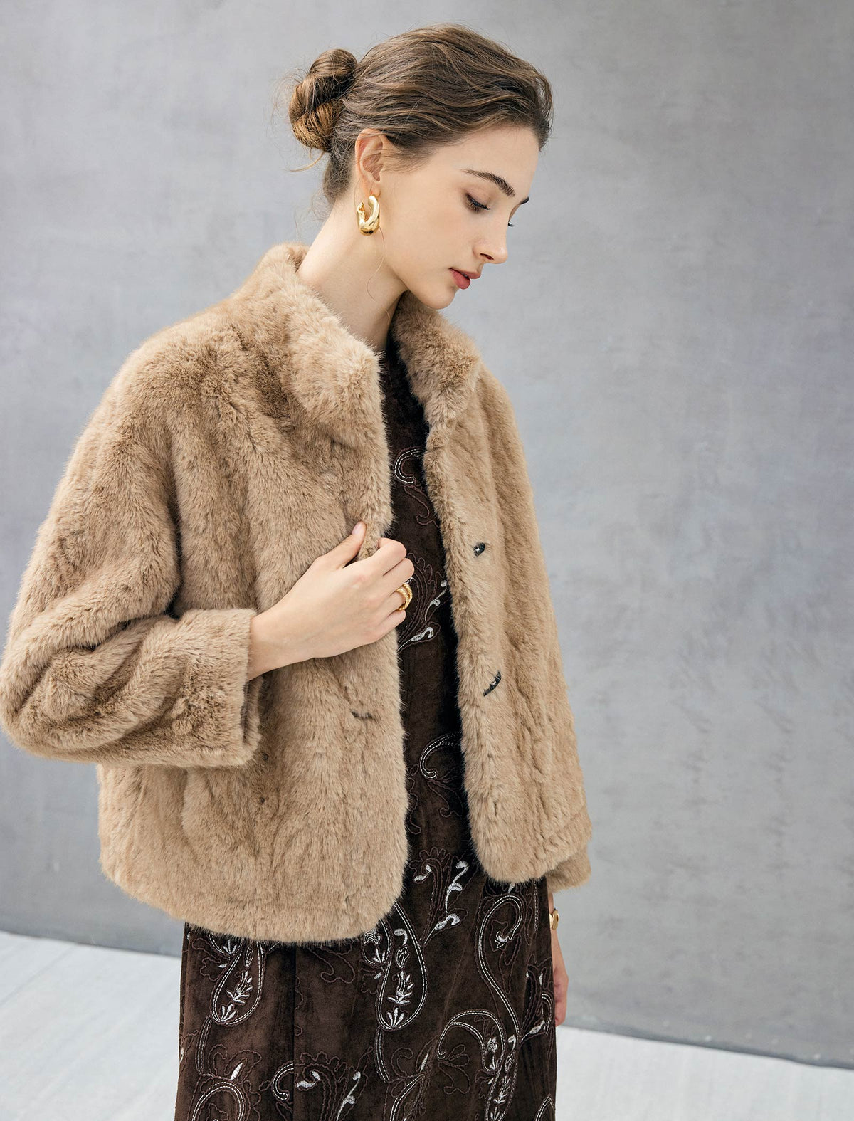 Embossed Stand-Collar Toggle Cropped Jacket