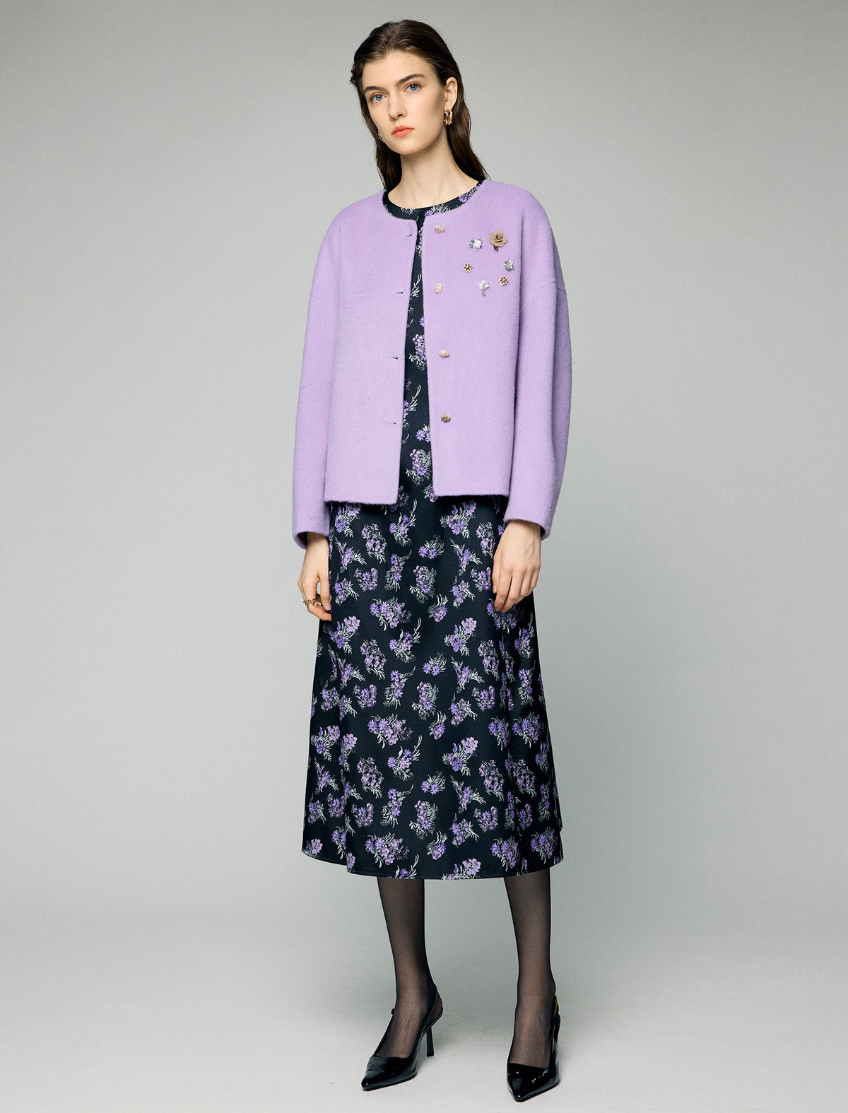 Wool Blend Beaded Floral Applique Crewneck Cropped Jacket