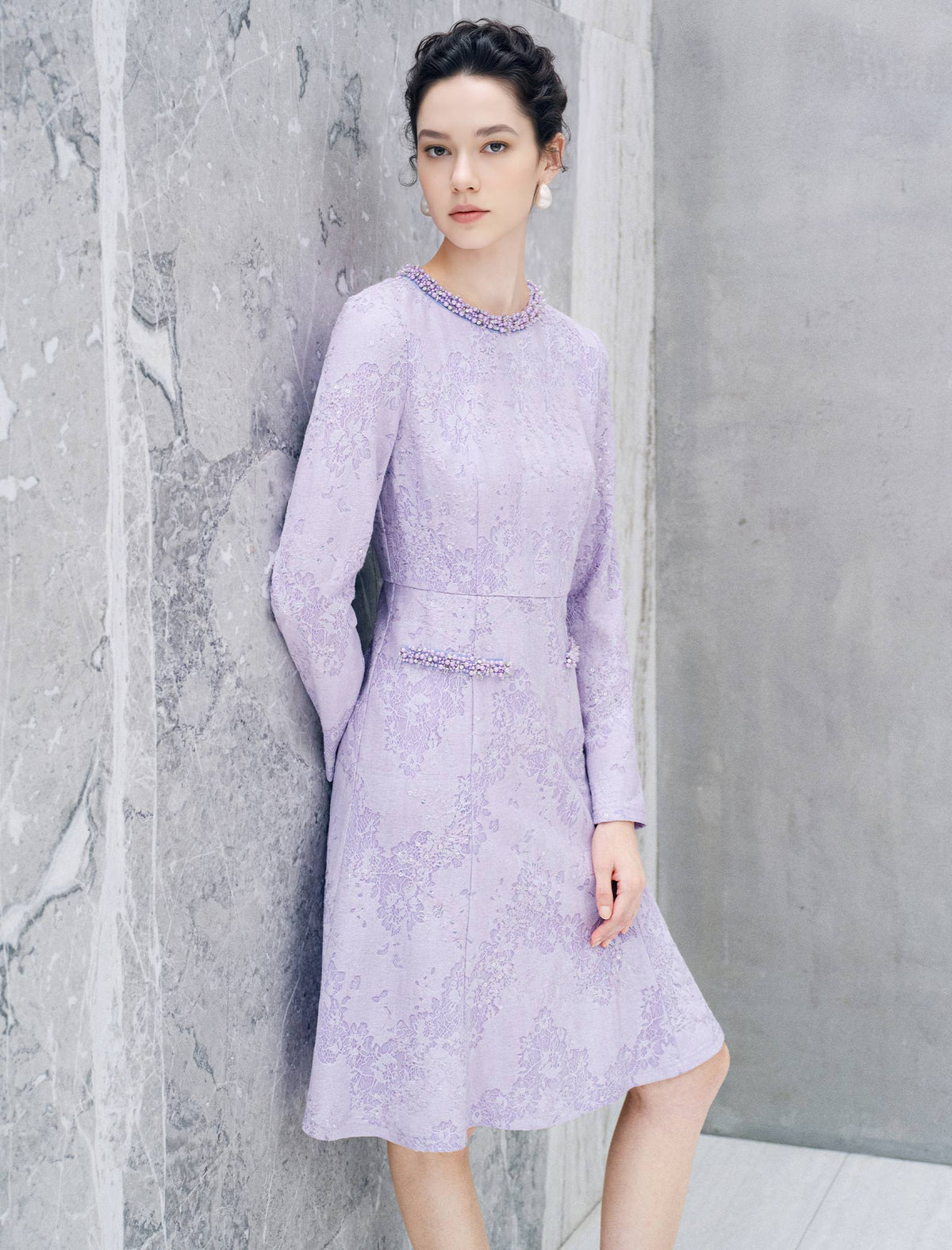 Floral Jacquard Pearl Trim Long Sleeve Mermaid Dress