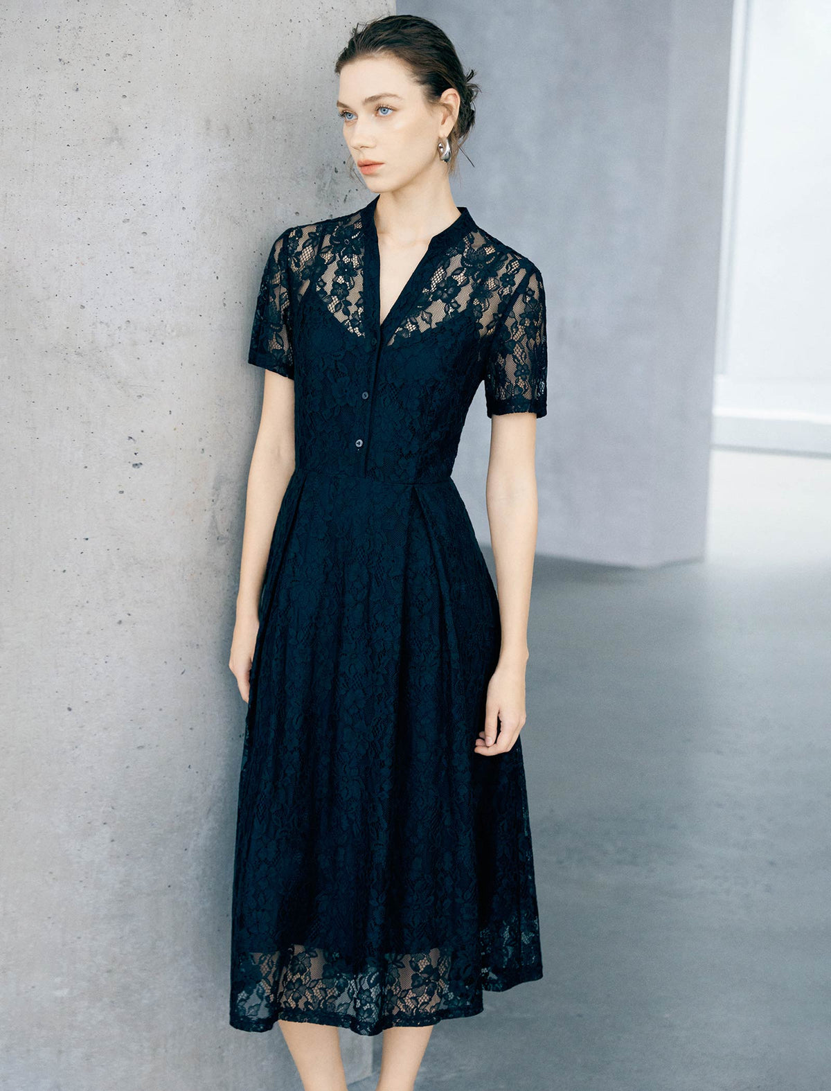 Navy Stand Collar Button Front Lace Midi Dress
