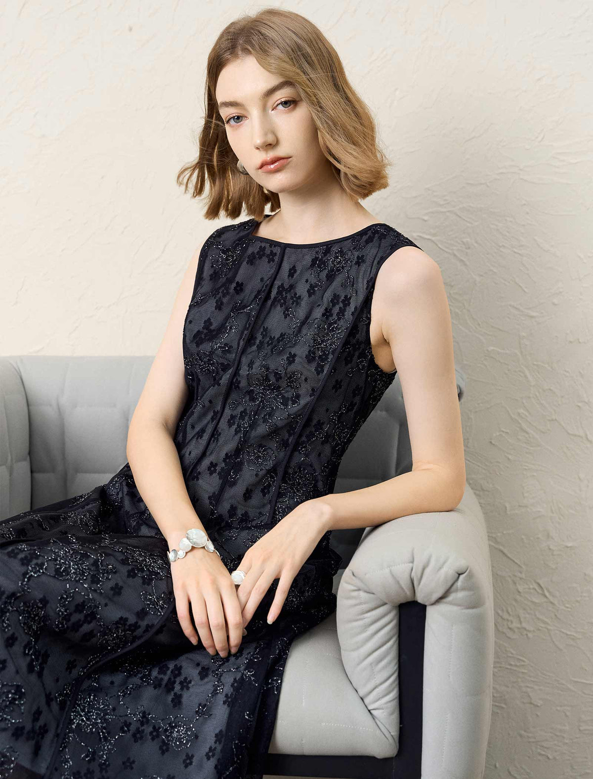 Black Floral Embroidered Mesh Midi Dress