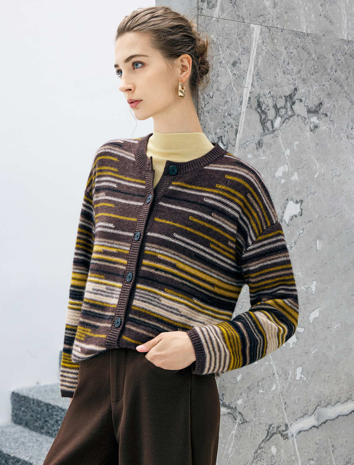 Wool Blend Striped Drop-Shoulder Button Cardigan