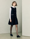 Wool Blend Rhinestone-Trim Pearl-Button Pleated A-Line Mini Dress