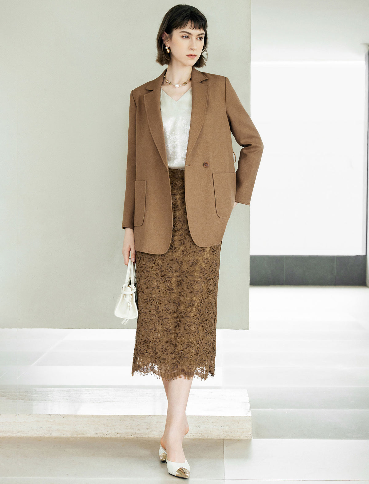 Camel Belted Notched-Lapel Blazer
