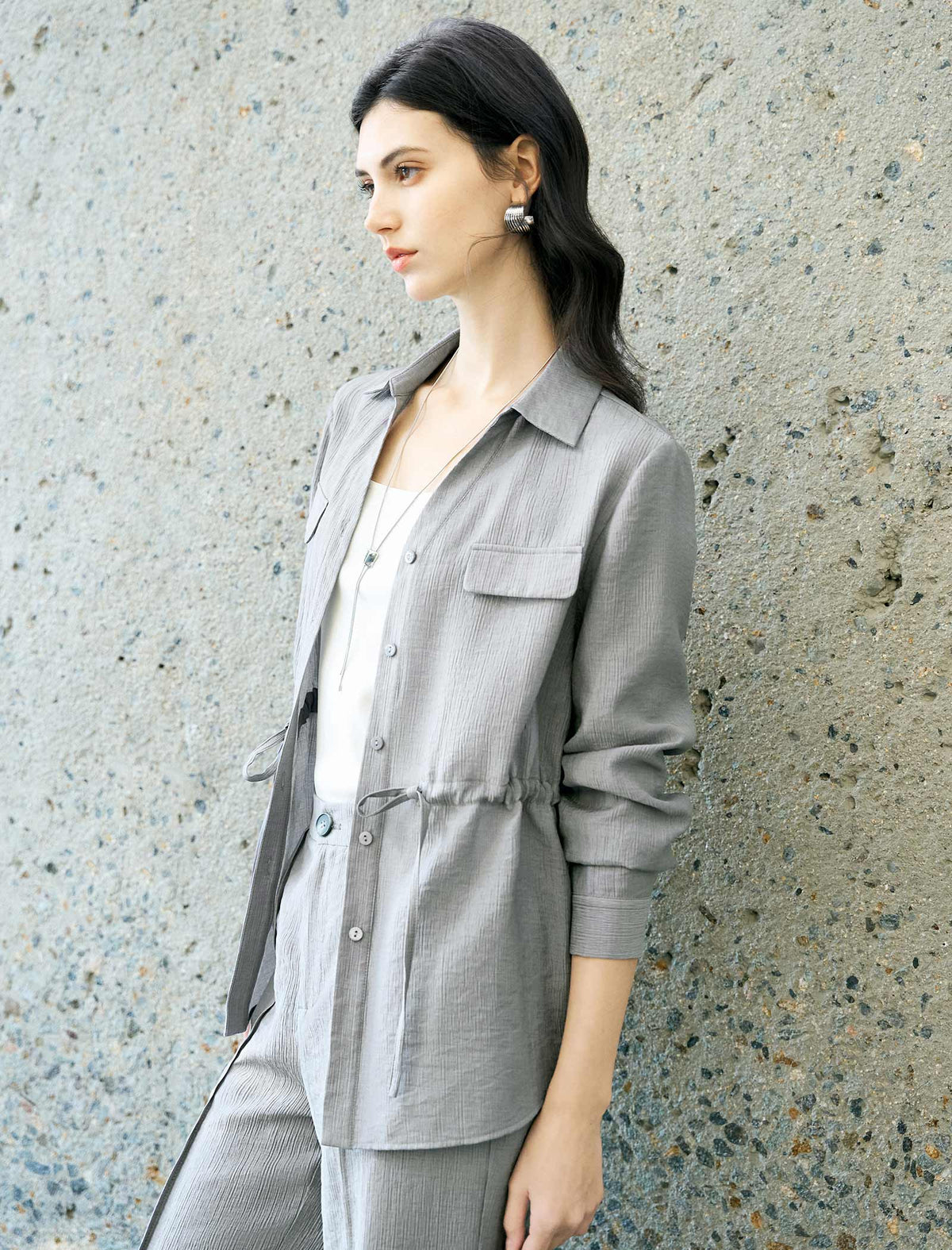Grey Textured Drawstring Waist Tencel Shirt