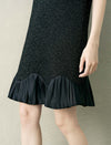 Black Tweed Wool-Blend Ruffle Hem Sleeveless Shift Dress