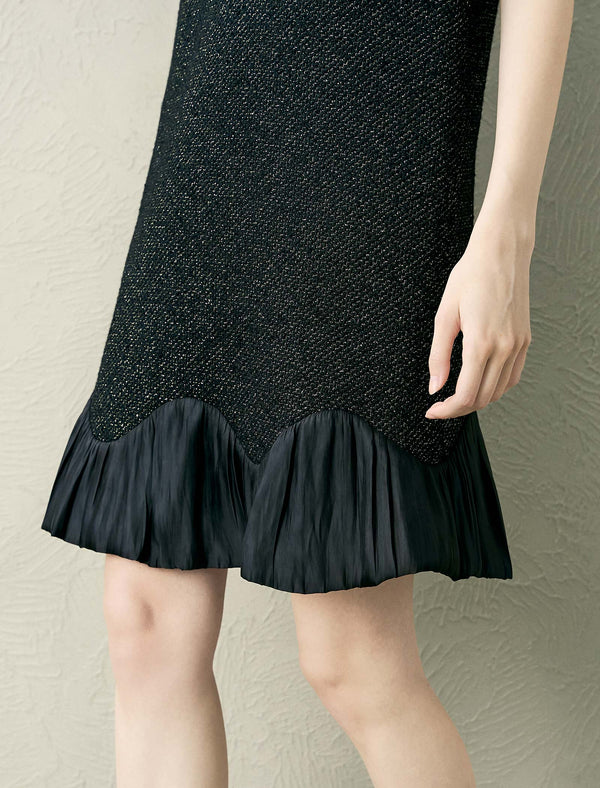 Black Tweed Wool-Blend Ruffle Hem Sleeveless Shift Dress