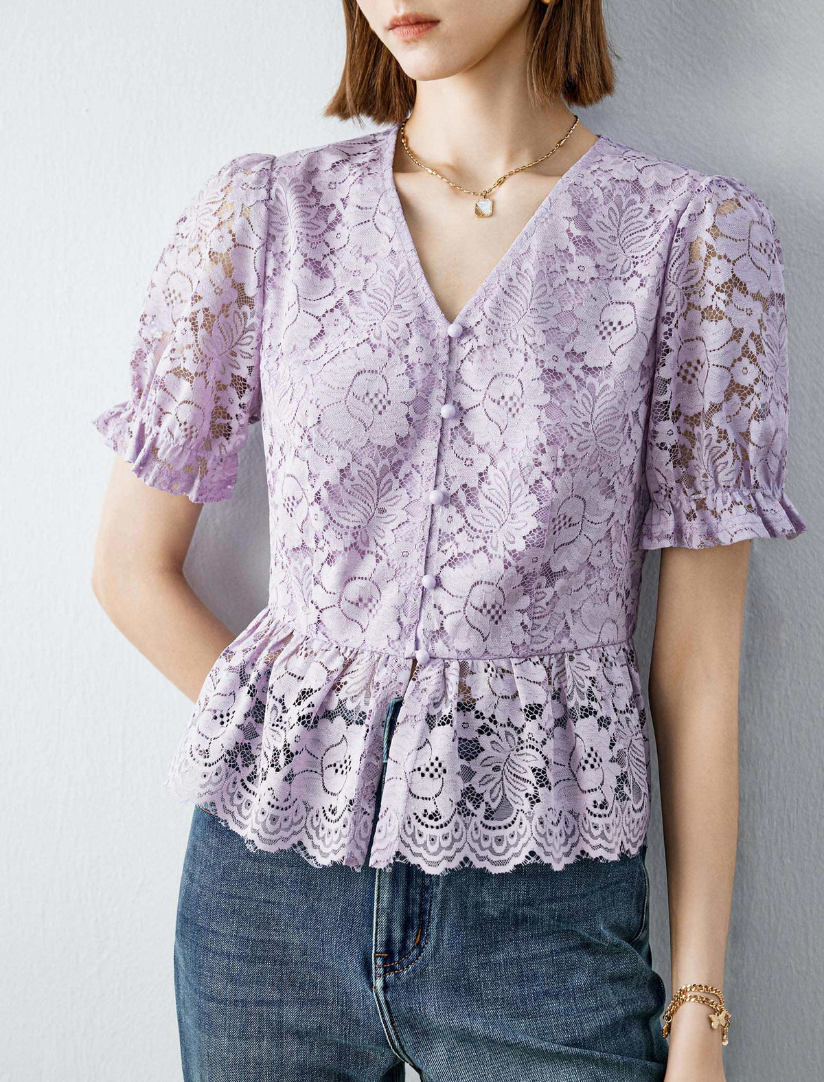 Lace V-Neck Ruffle Detail Puff Sleeve Top