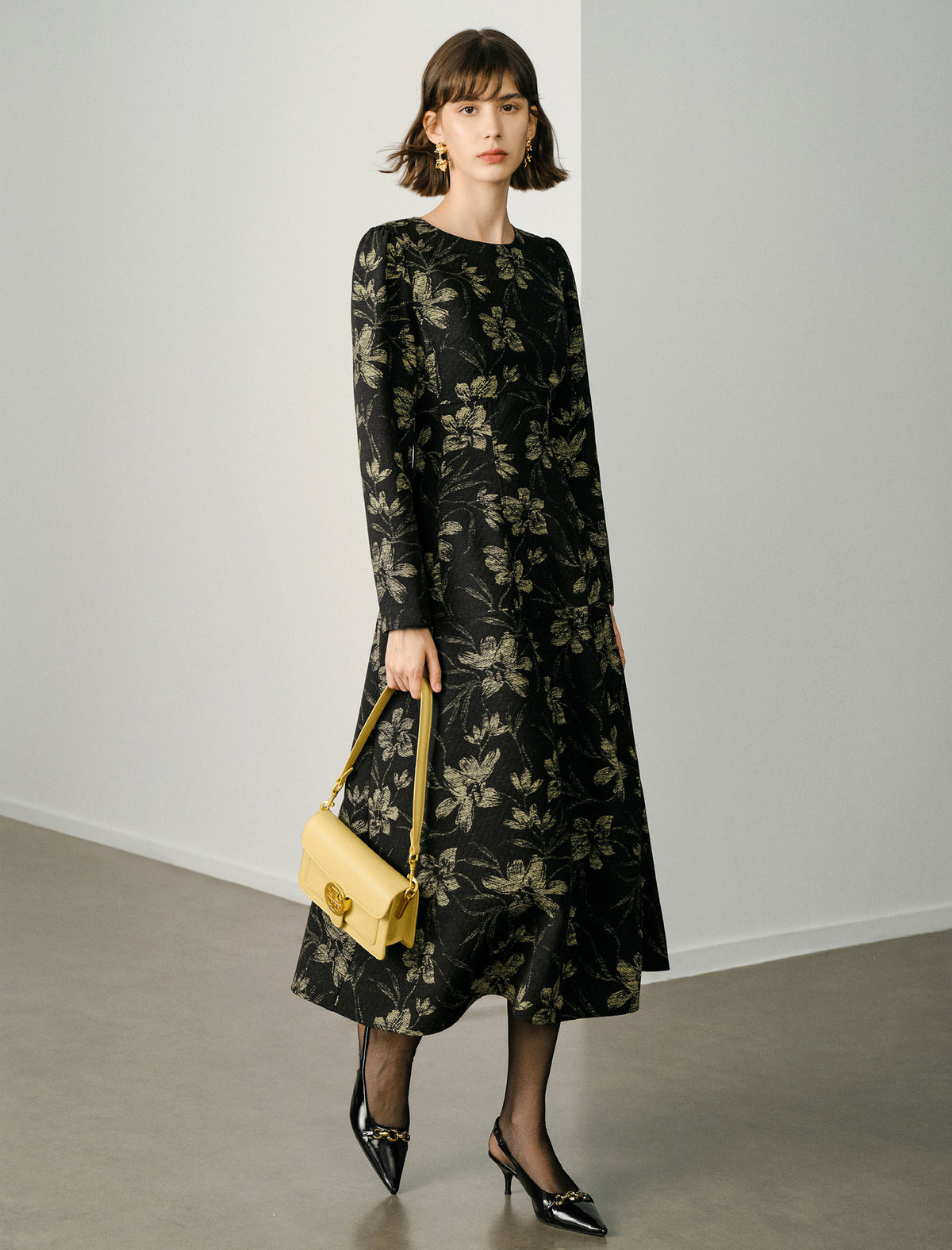 Floral Print Long-Sleeve Column Maxi Dress