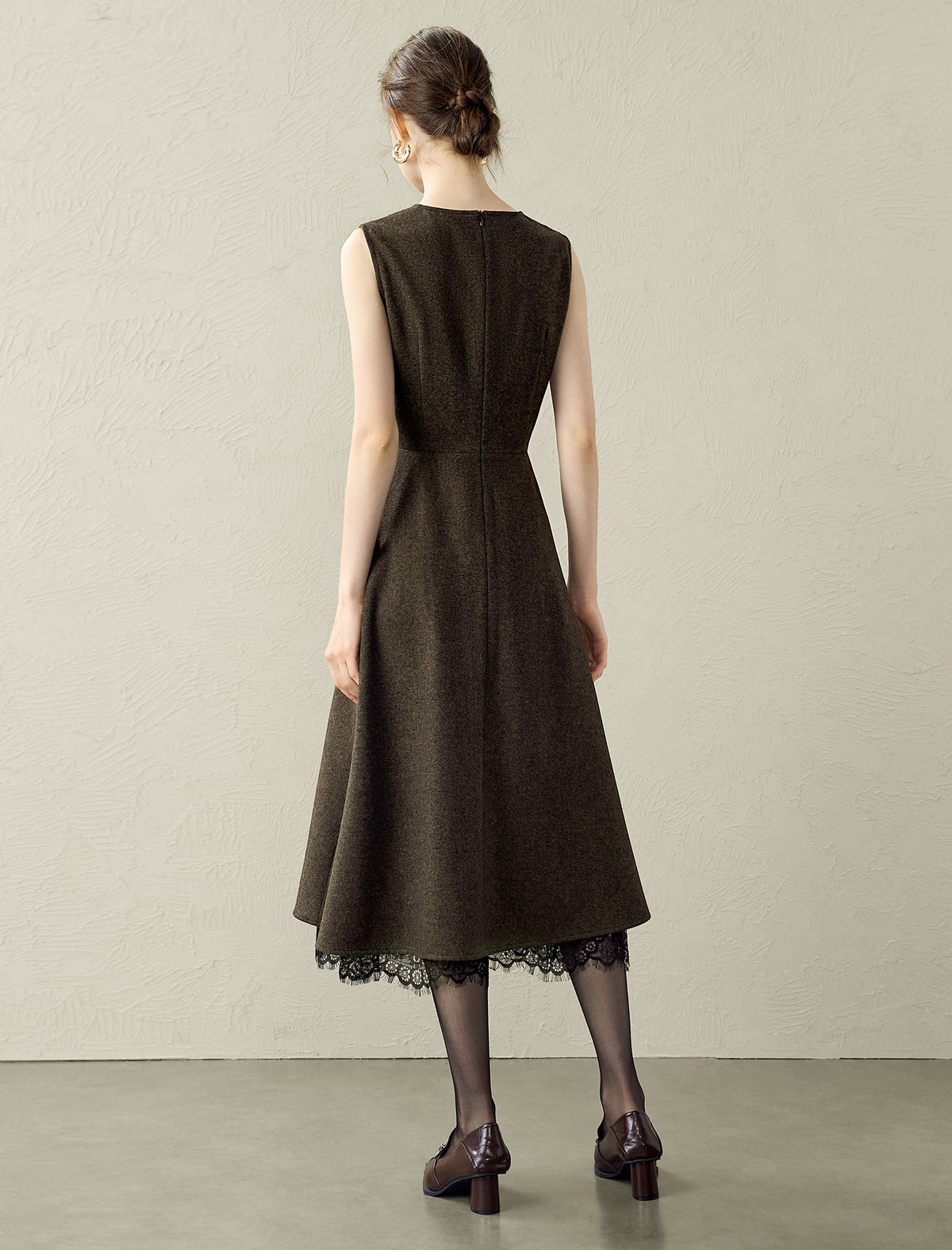 Wool Blend Lace Hem Sleeveless Midi Dress