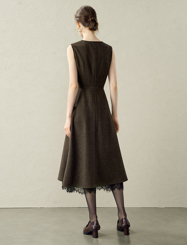 Wool Blend Lace Hem Sleeveless Midi Dress