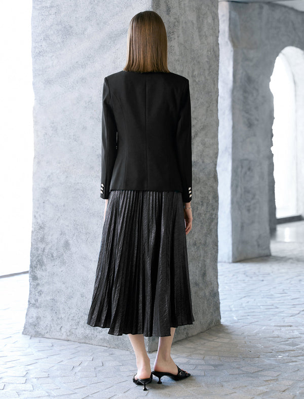Black Metallic Pleated Midi Skirt