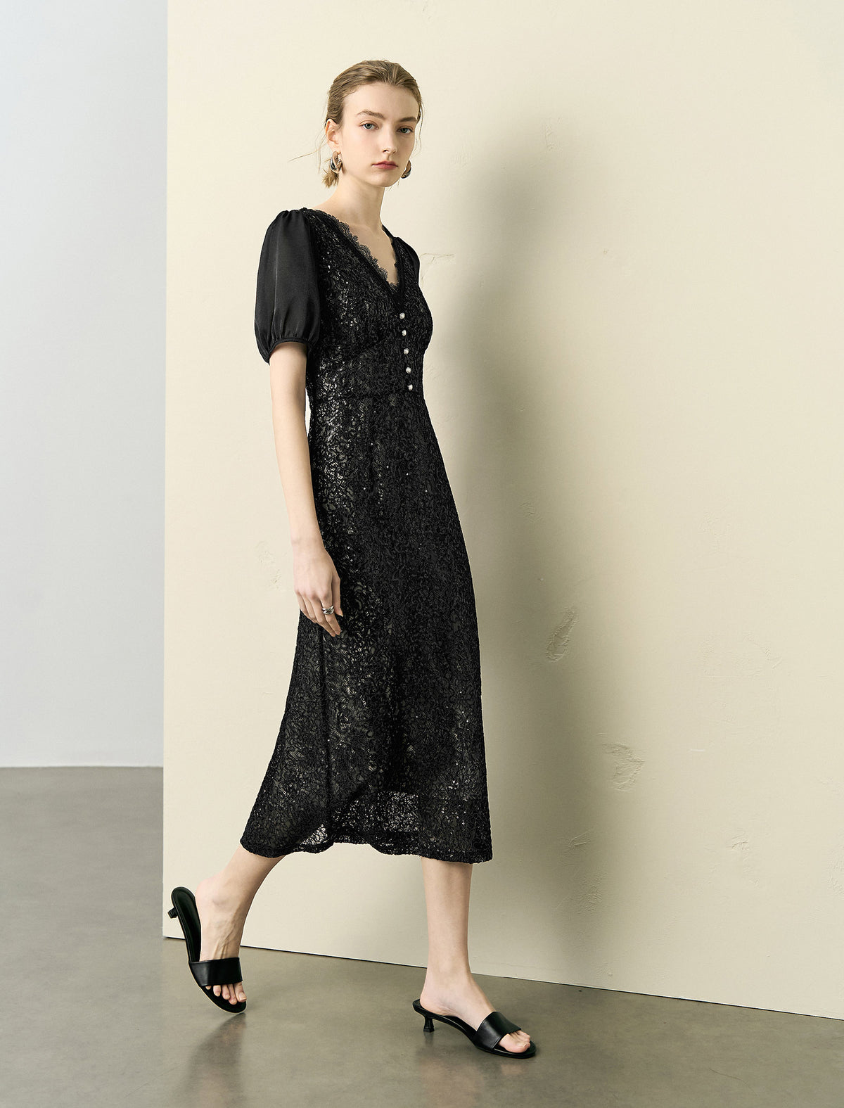 Black Lace Puff Sleeve Midi Dress