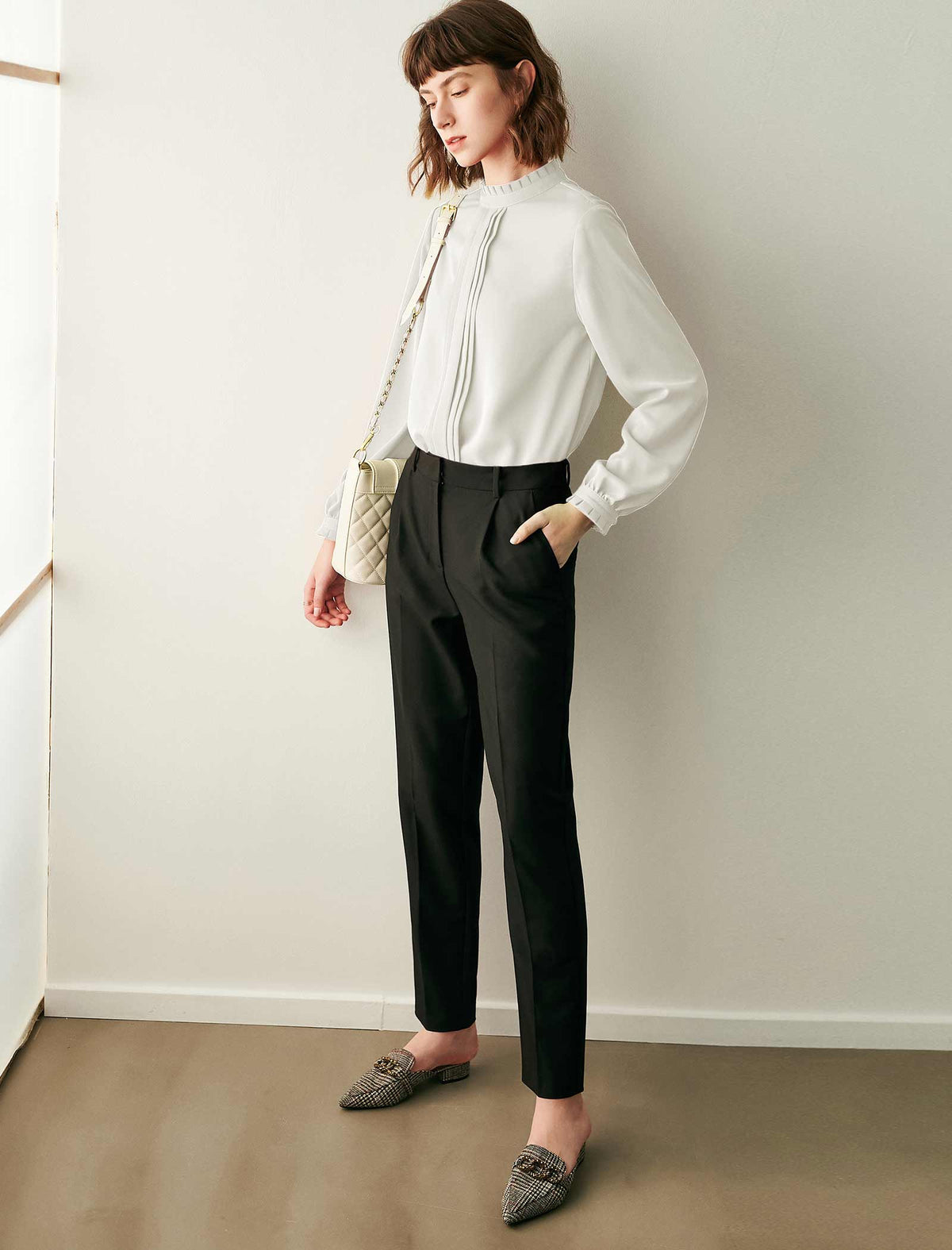 Ruffled Mock Neck Pleated Front Blouse