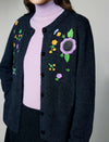 Wool Blend Embroidered Floral Crewneck Button-Front Cardigan