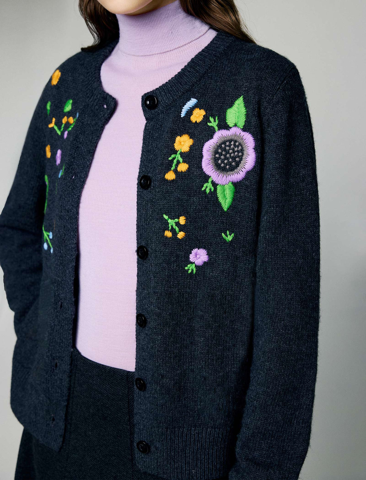 Wool Blend Embroidered Floral Crewneck Button-Front Cardigan