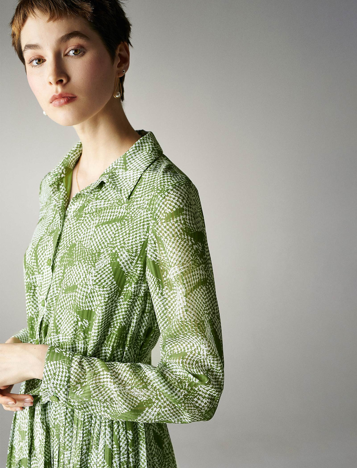 Print Pleated Shirt Dress