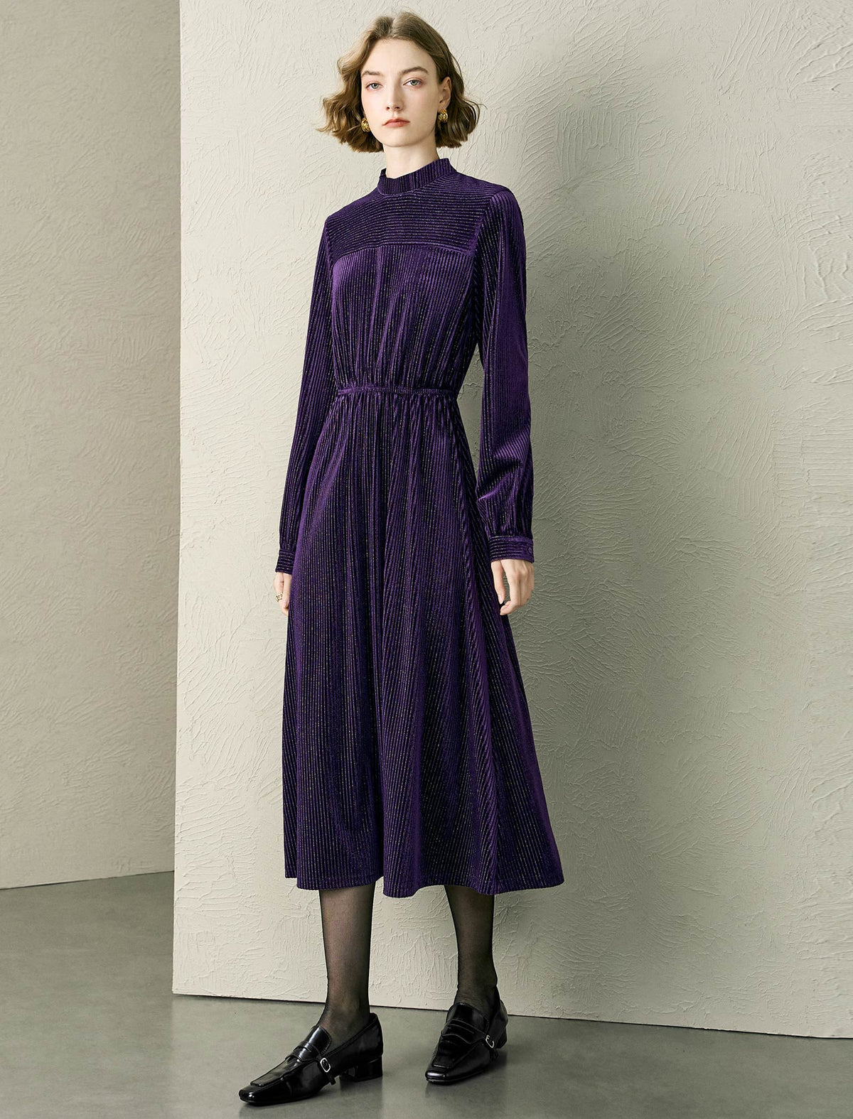 Mock Neck Velvet Midi Dress