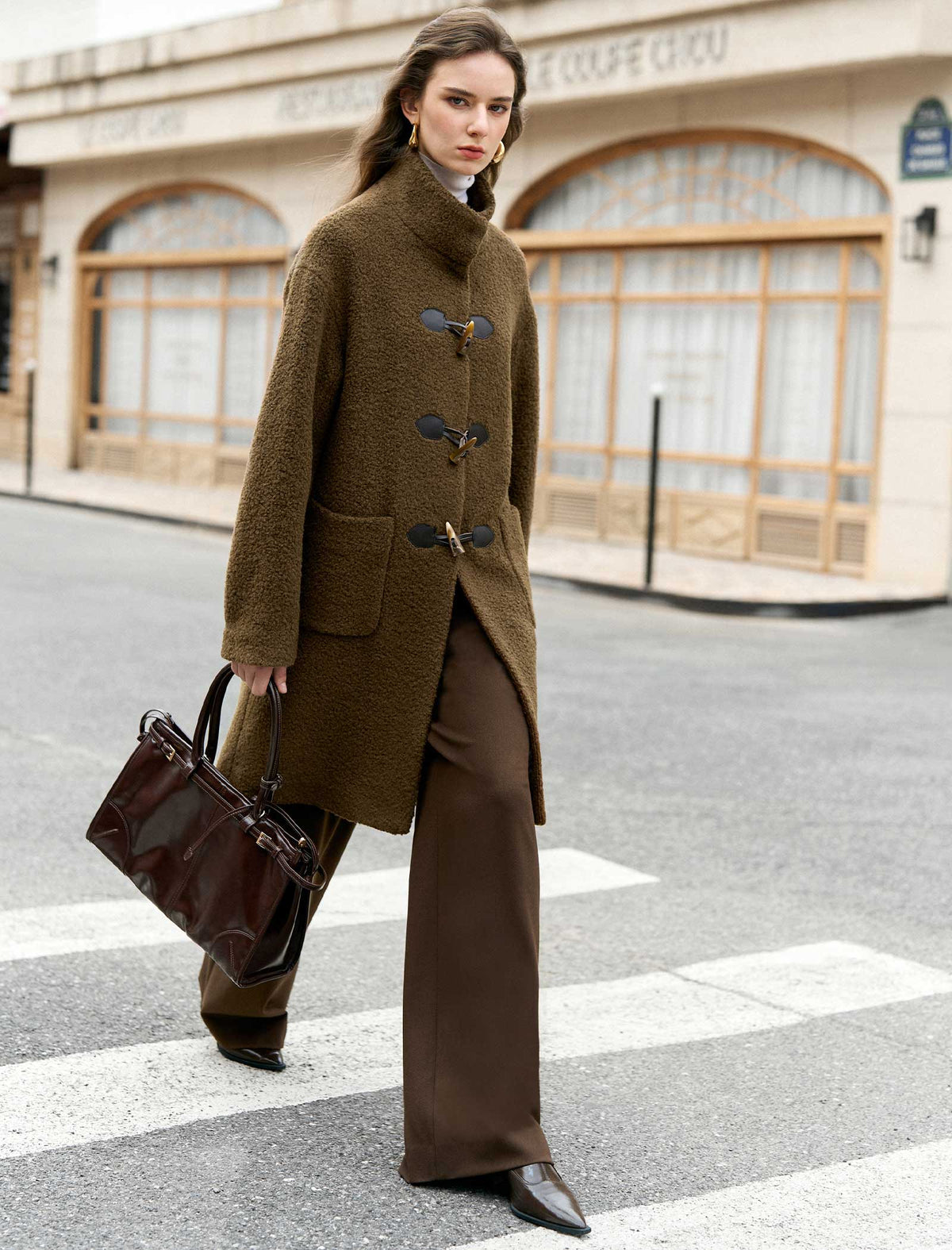Brown Wool-Blend Toggle Coat