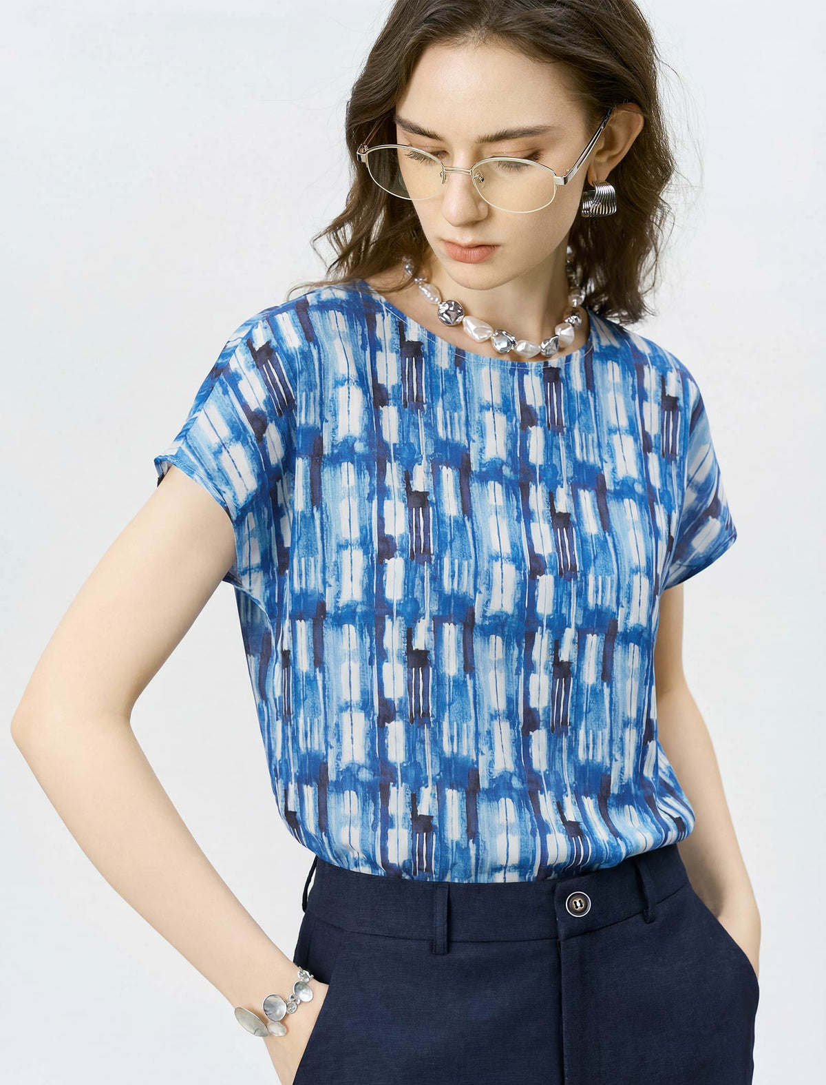 Mulberry Silk Blue Watercolor Geometric Print Cap Sleeve Blouse