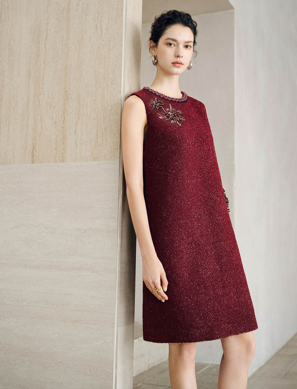 Wool Blend Beaded Floral Applique Crewneck Sleeveless Dress