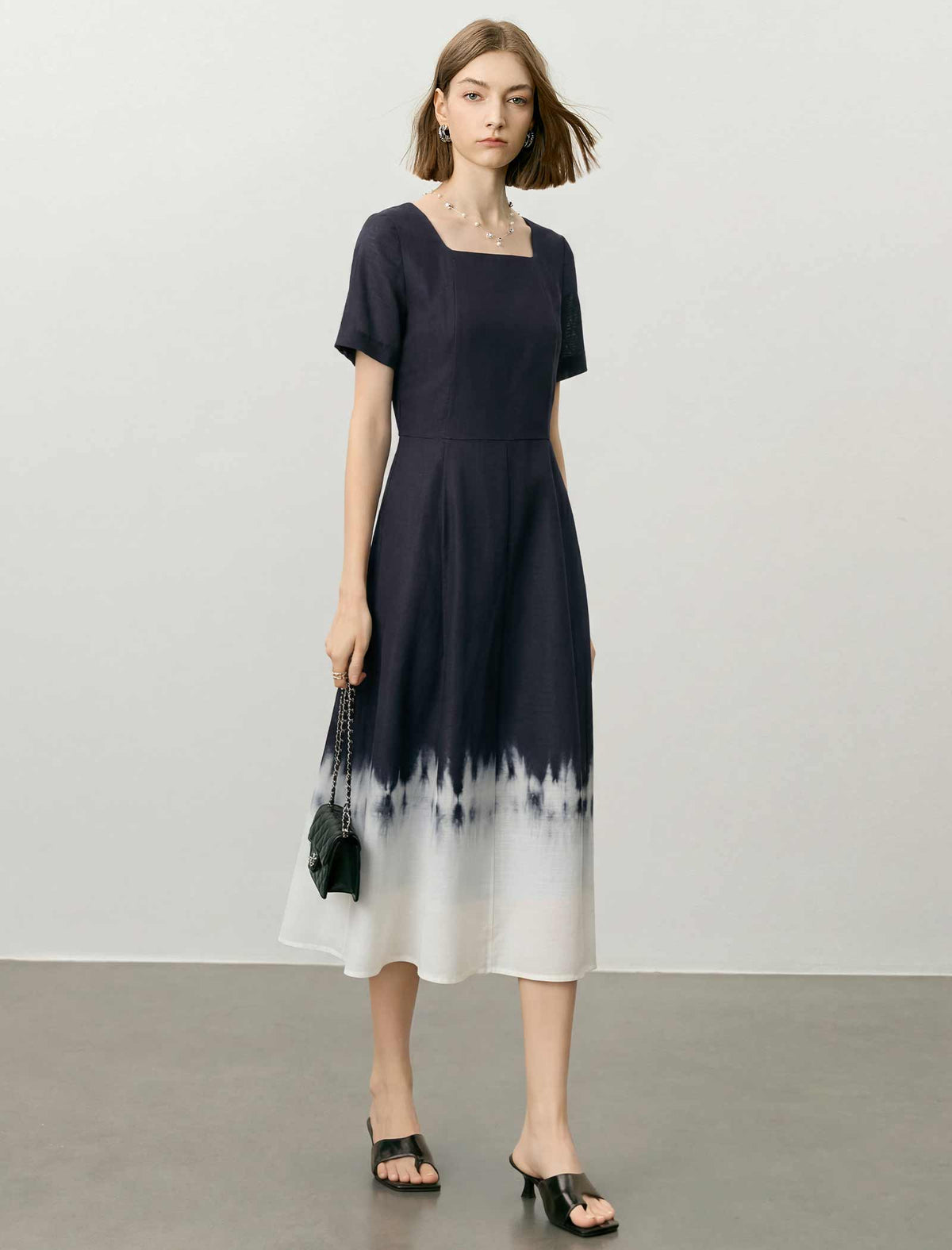 Black And White Ombre Tie-Dye Square Neck Midi Dress