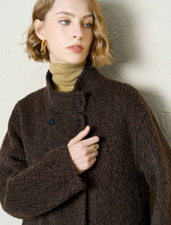 Textured Wool-Alpaca Blend Stand Collar Long Coat