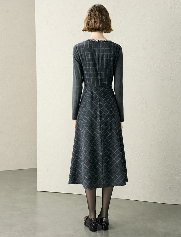 Plaid Wool-Blend Beaded Neckline Midi Dress
