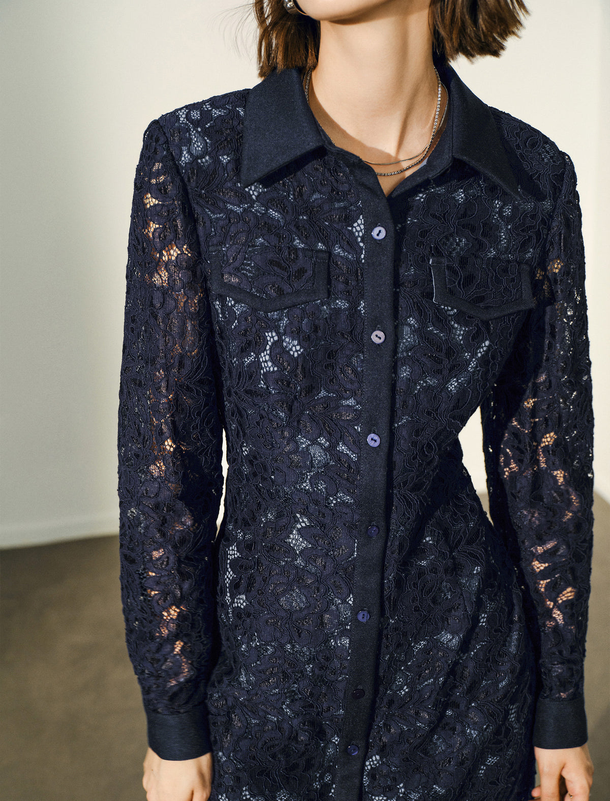 Navy Blue Lace Shirt Dress